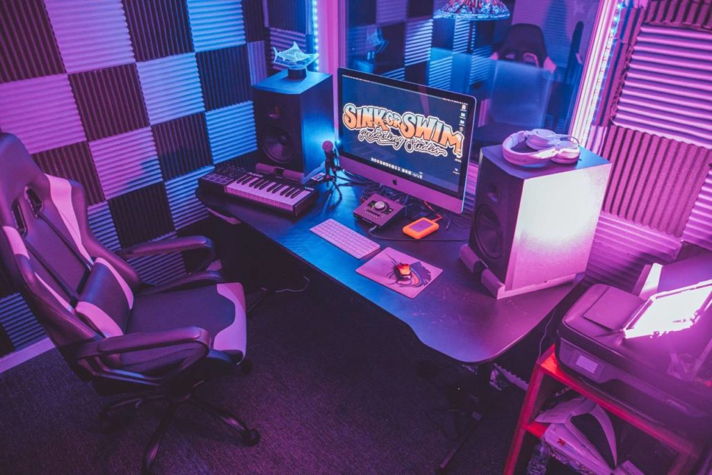 Music recording studio desk and audio equipment